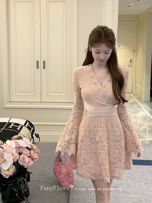 FanyFloss Elegant V-neck Lace Cutout Rhinestone-embroidered Waist Dress, Women's Flared Sleeves, Rhinestone Embroidery Gown