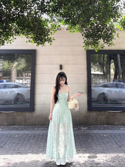 French unique beautiful waist green sling mesh dress female 2025 new summer beautiful slim long skirt