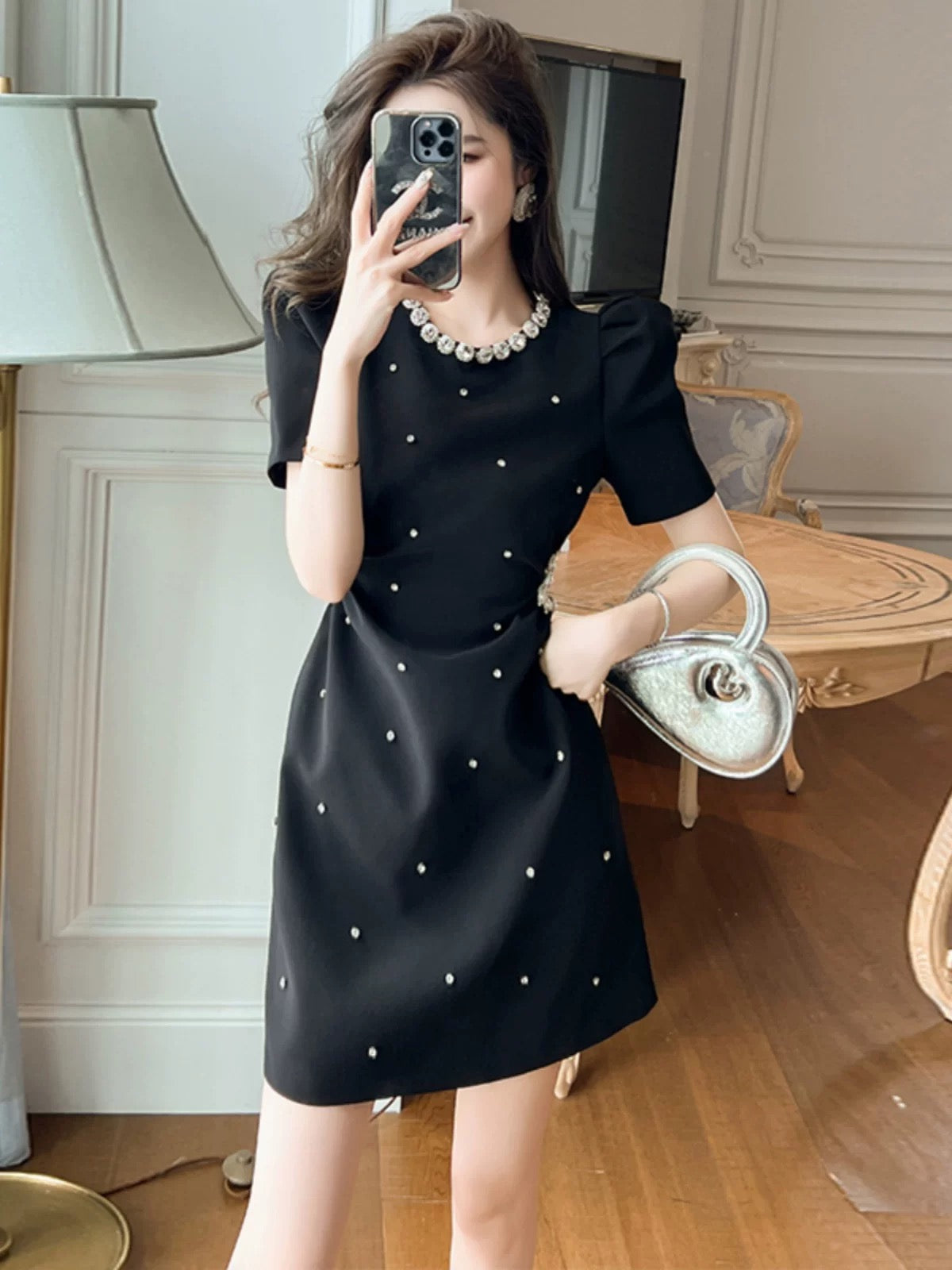 European station a-line dress women's new high-end small fragrance heavy industry evening dress waist slimming small black skirt