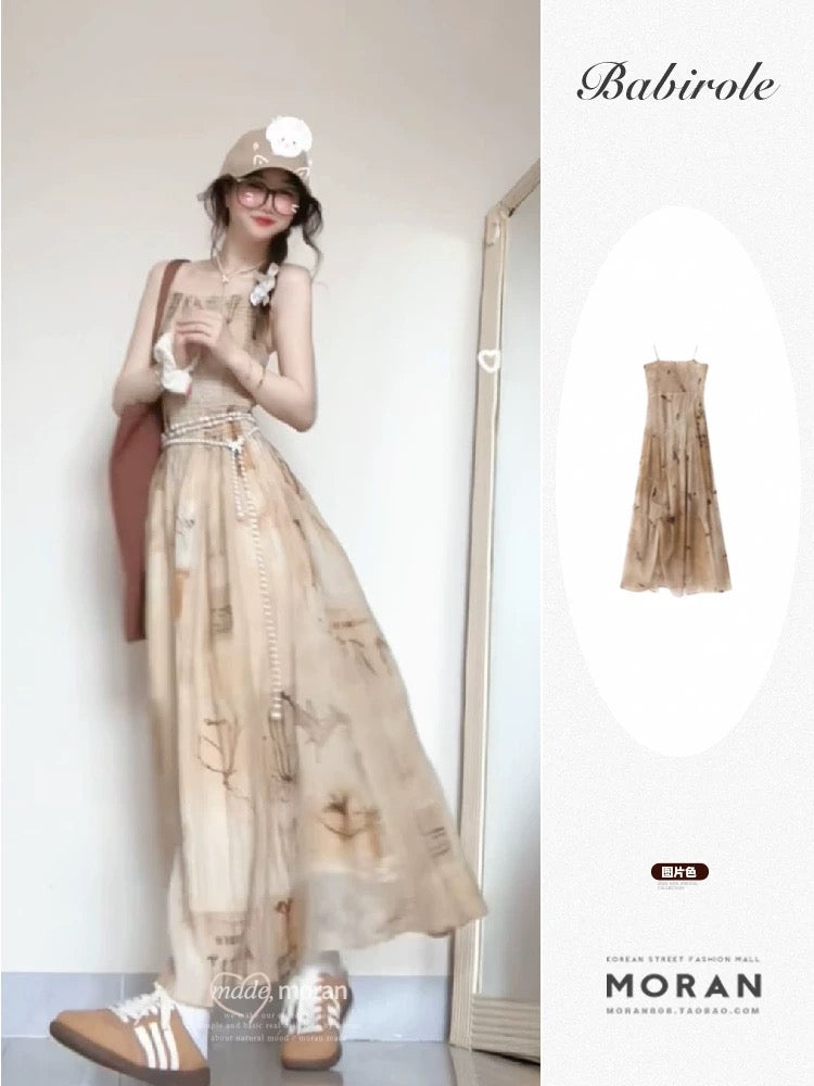 New Chinese style tie-dyed floral suspender dress for women, small size, holiday style, waist-length slimming, retro long dress, temperament summer