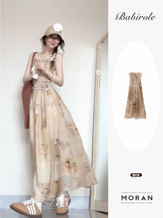 New Chinese style tie-dyed floral suspender dress for women, small size, holiday style, waist-length slimming, retro long dress, temperament summer