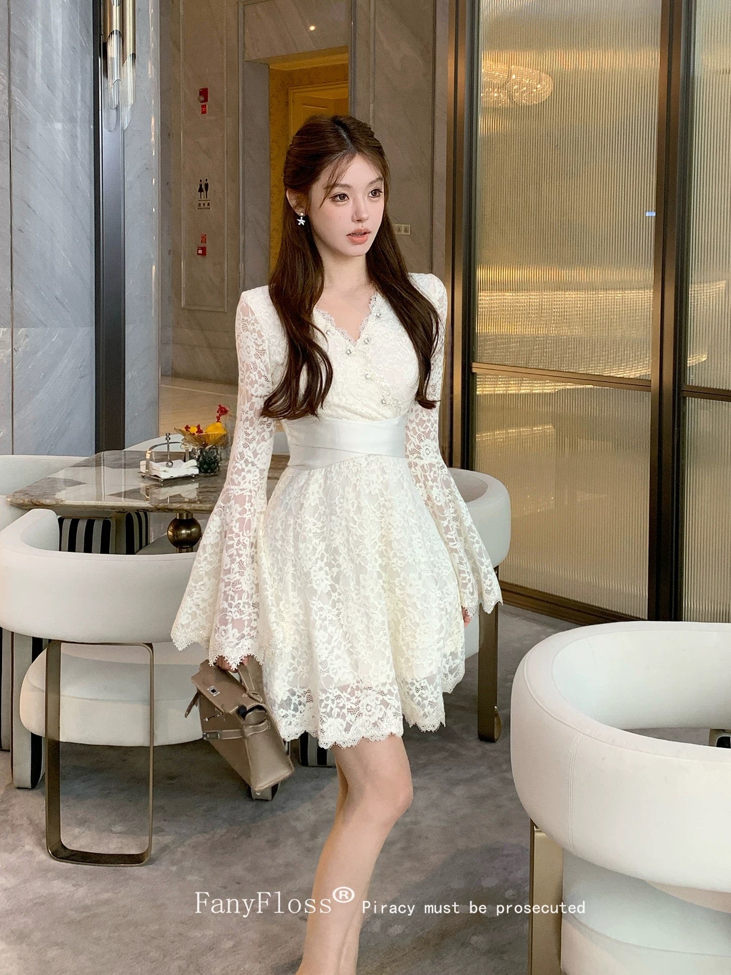 FanyFloss Elegant V-neck Lace Cutout Rhinestone-embroidered Waist Dress, Women's Flared Sleeves, Rhinestone Embroidery Gown