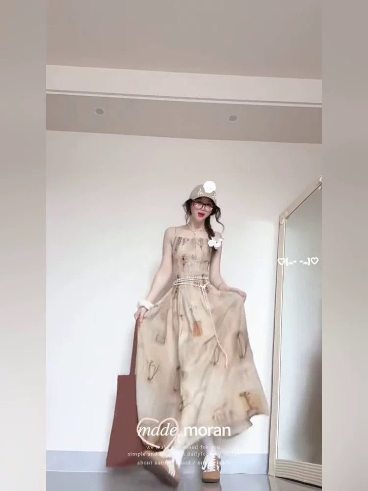 New Chinese style tie-dyed floral suspender dress for women, small size, holiday style, waist-length slimming, retro long dress, temperament summer