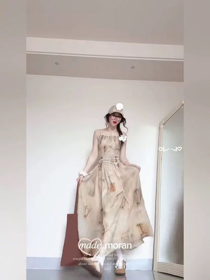 New Chinese style tie-dyed floral suspender dress for women, small size, holiday style, waist-length slimming, retro long dress, temperament summer