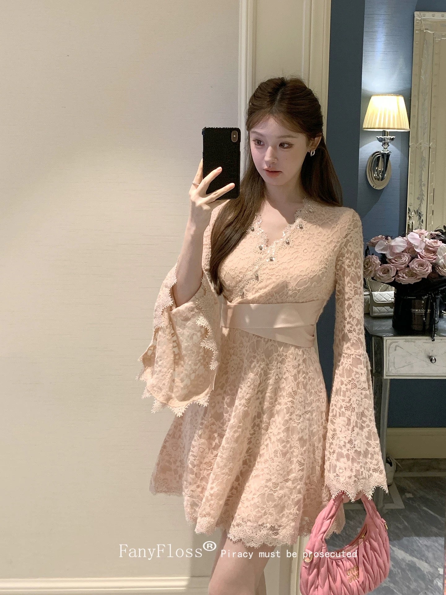 FanyFloss Elegant V-neck Lace Cutout Rhinestone-embroidered Waist Dress, Women's Flared Sleeves, Rhinestone Embroidery Gown