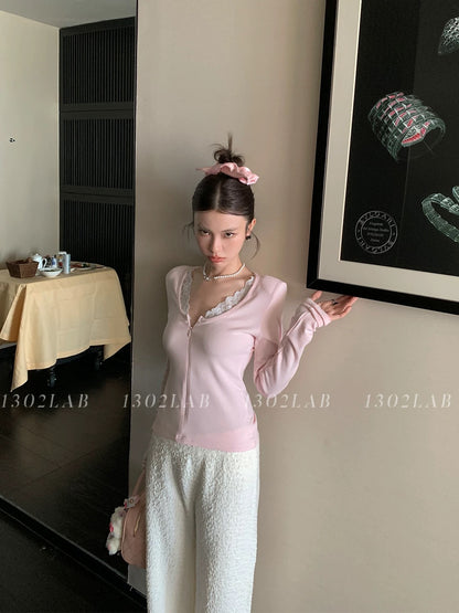 1302LAB Lace stitching fake two-piece V-neck long-sleeved T-shirt sweet and spicy style bottoming shirt