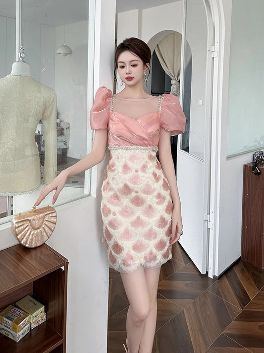 Sequin dress 2024 new summer hip-hugging elegant temperament goddess fan square collar pink French dress