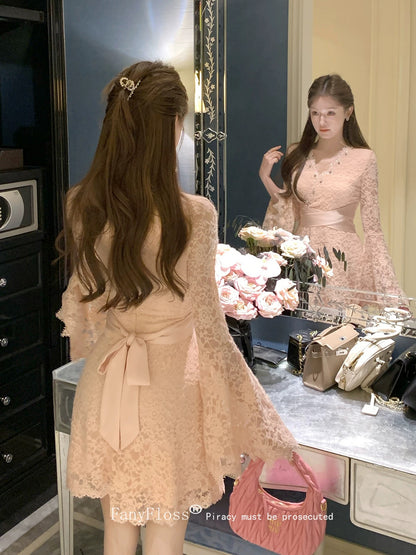 FanyFloss Elegant V-neck Lace Cutout Rhinestone-embroidered Waist Dress, Women's Flared Sleeves, Rhinestone Embroidery Gown