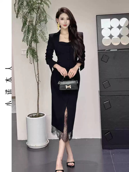 Xiaonuo's own lace dress 2024 autumn new style slim and versatile little black dress 24521