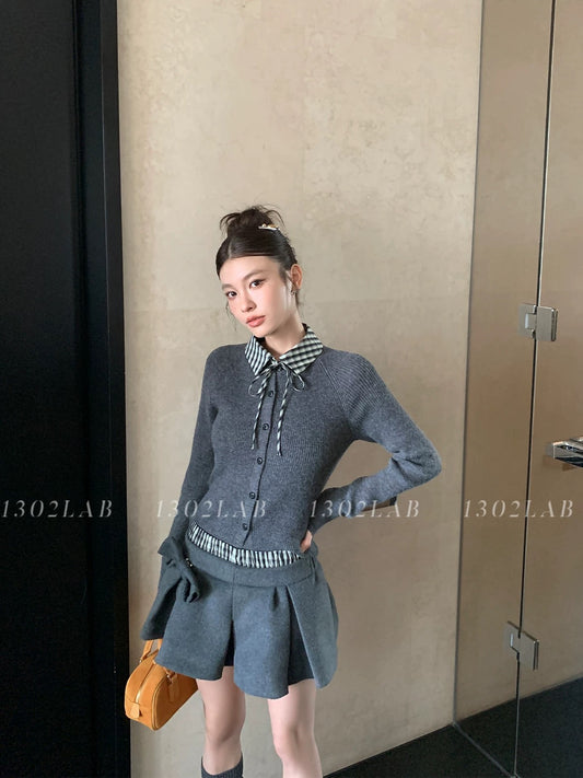 1302LAB Girlish gray fake two-piece plaid sweater bow bud wool skirt suit vest