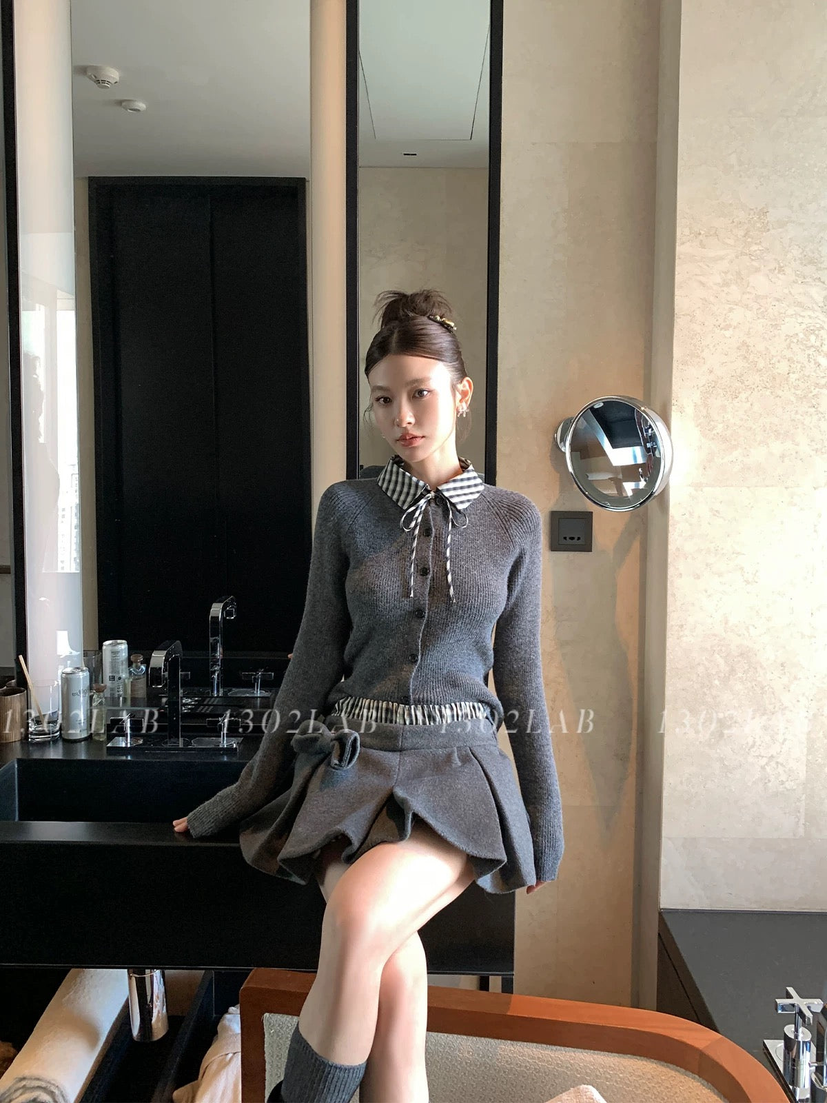 1302LAB Girlish gray fake two-piece plaid sweater bow bud wool skirt suit vest