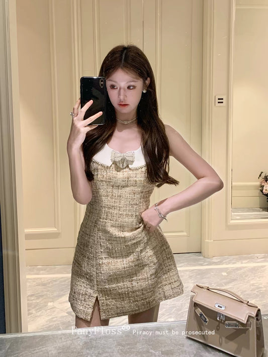 FanyFloss, a wealthy heiress-style dress with a bow and rhinestone embellishments, featuring a fitted waist, a doll collar, and beaded bodycon skirt.