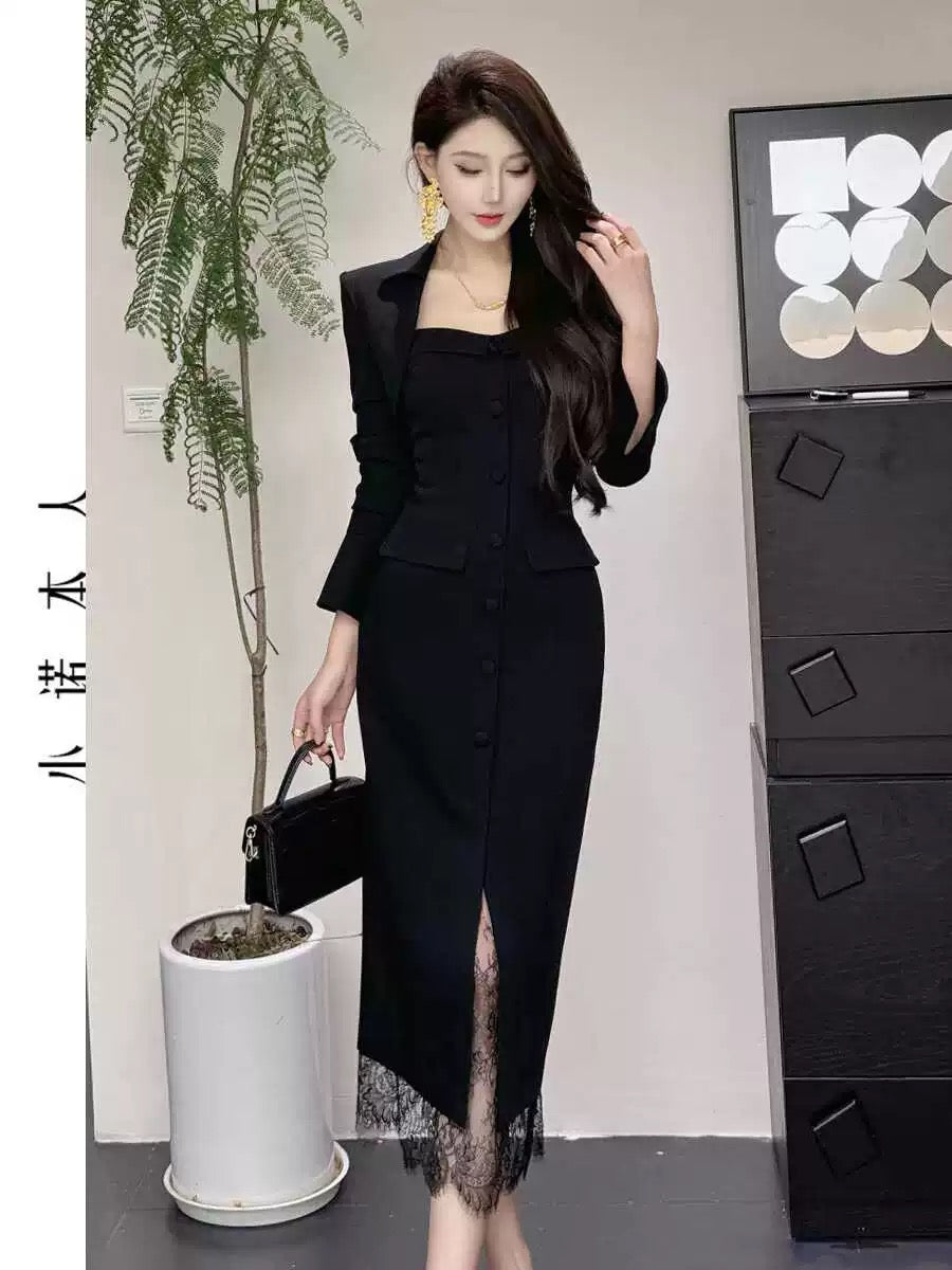 Xiaonuo's own lace dress 2024 autumn new style slim and versatile little black dress 24521