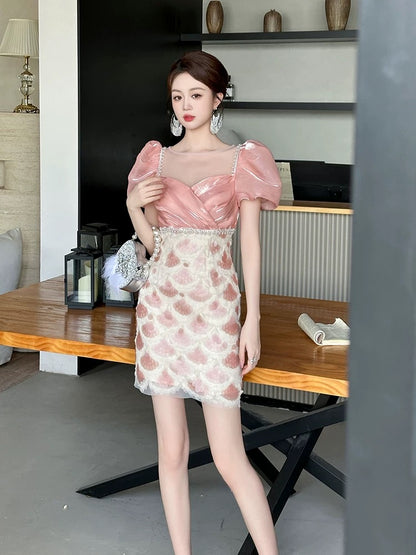 Sequin dress 2024 new summer hip-hugging elegant temperament goddess fan square collar pink French dress
