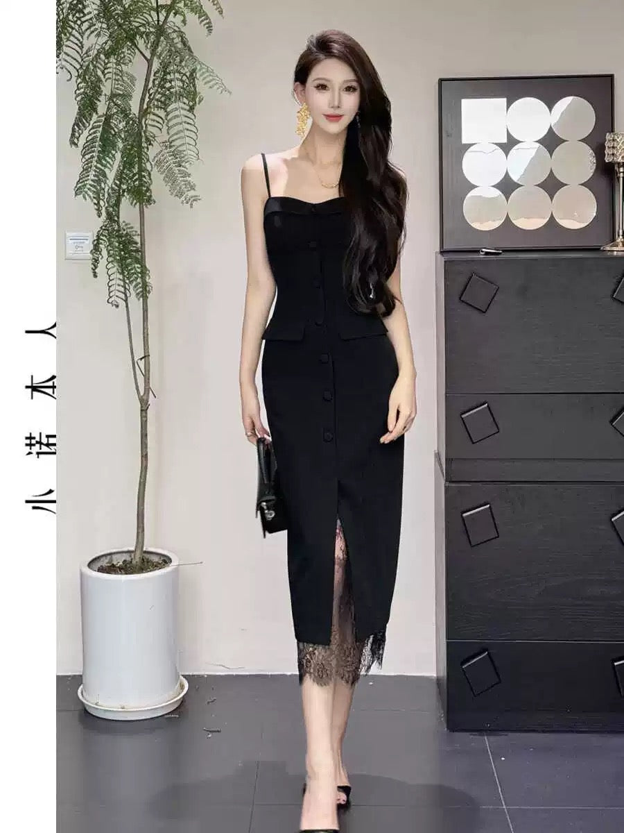 Xiaonuo's own lace dress 2024 autumn new style slim and versatile little black dress 24521