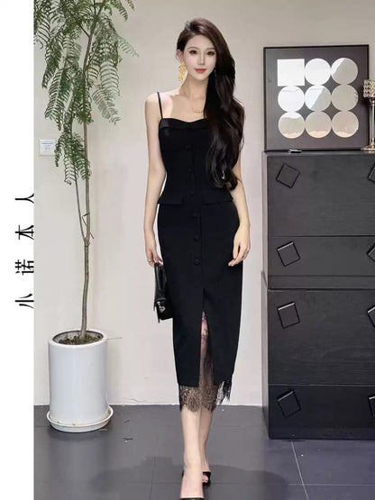 Xiaonuo's own lace dress 2024 autumn new style slim and versatile little black dress 24521