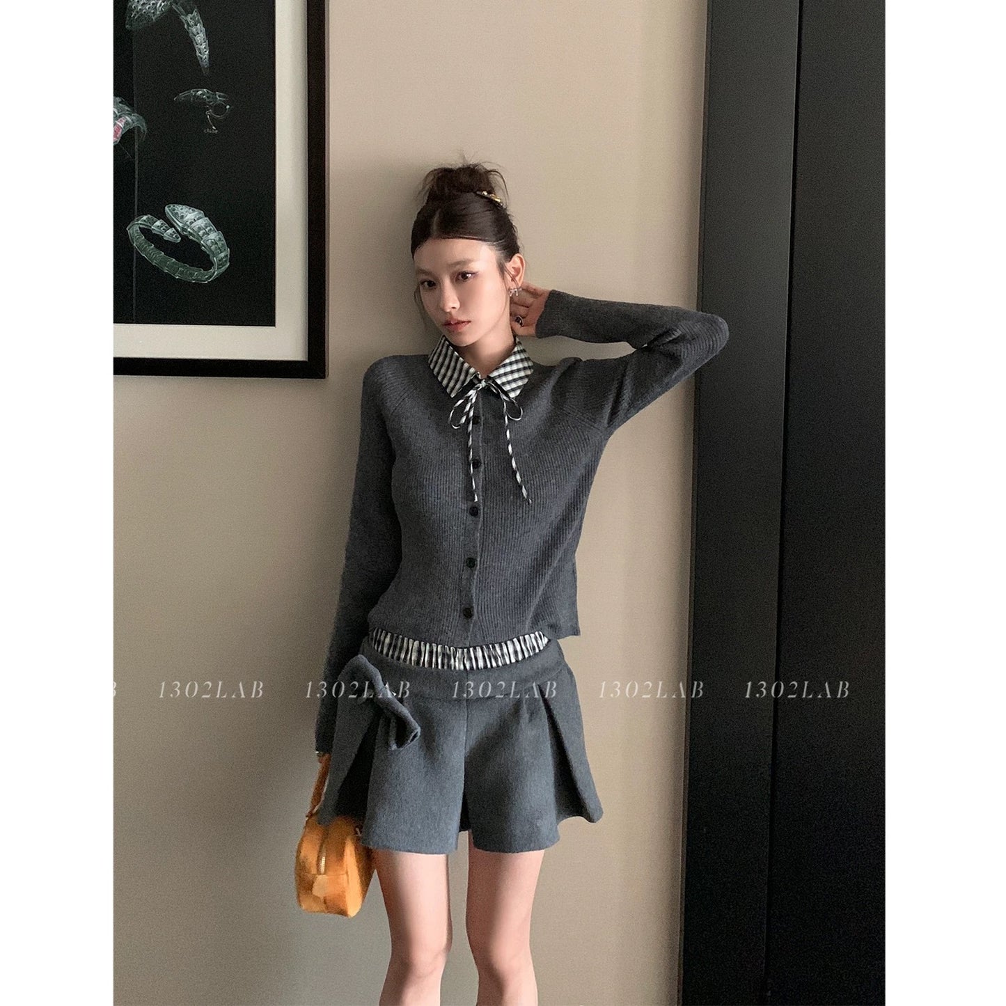 1302LAB Girlish gray fake two-piece plaid sweater bow bud wool skirt suit vest