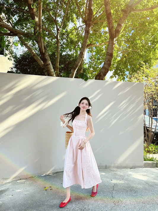 French gentle style light pink halter neck suspender dress summer niche beautiful waist princess long dress petite
