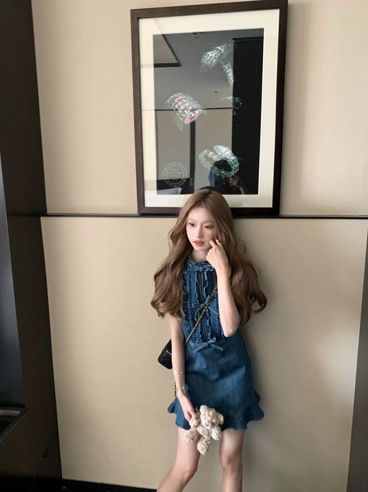 COOLLINE Lin Zixi strongly recommends! Slim miu denim skirt sweet bow dark blue dress for women