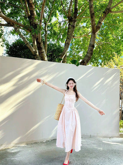 French gentle style light pink halter neck suspender dress summer niche beautiful waist princess long dress petite