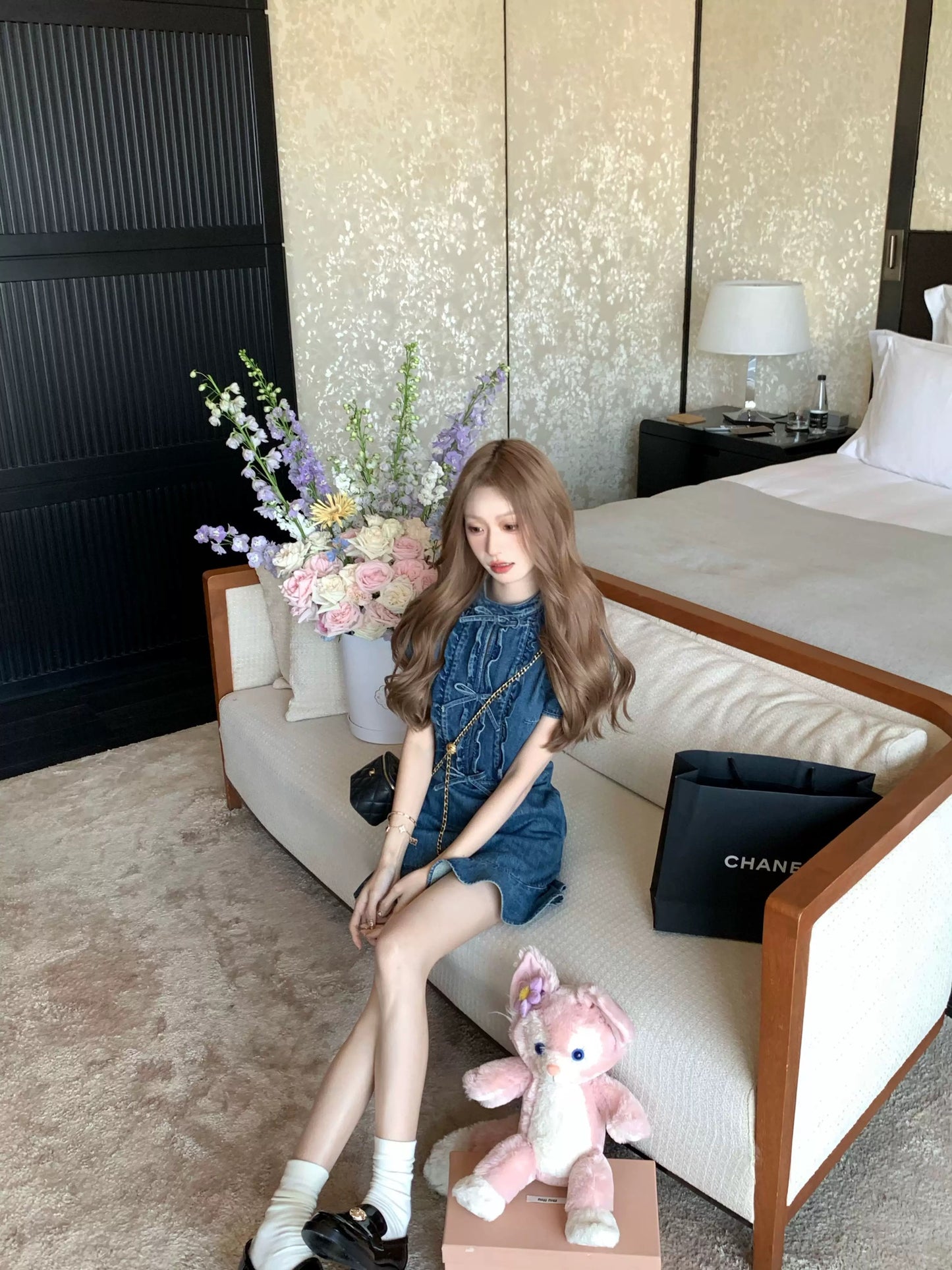 COOLLINE Lin Zixi strongly recommends! Slim miu denim skirt sweet bow dark blue dress for women