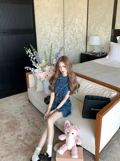 COOLLINE Lin Zixi strongly recommends! Slim miu denim skirt sweet bow dark blue dress for women