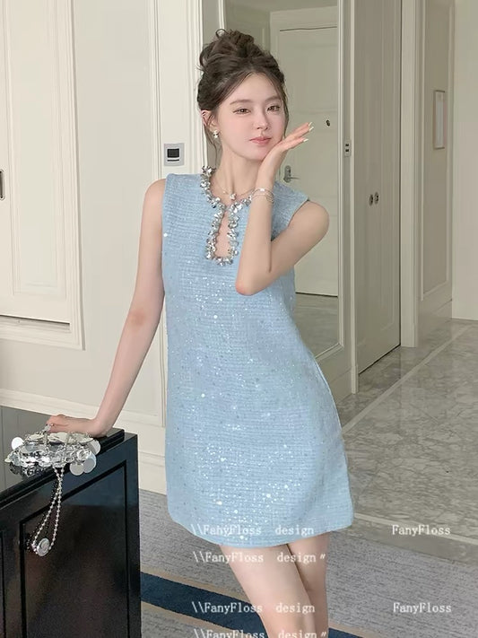 FanyFloss French-style round neck rhinestone sleeveless hollowed-out dress, elegant beaded birthday party dress for women.