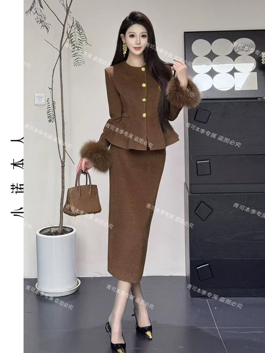Xiaonuo's own light luxury woolen suit, winter gold-feeling down jacket, high waist, hip-covering long skirt, two-piece set 241044
