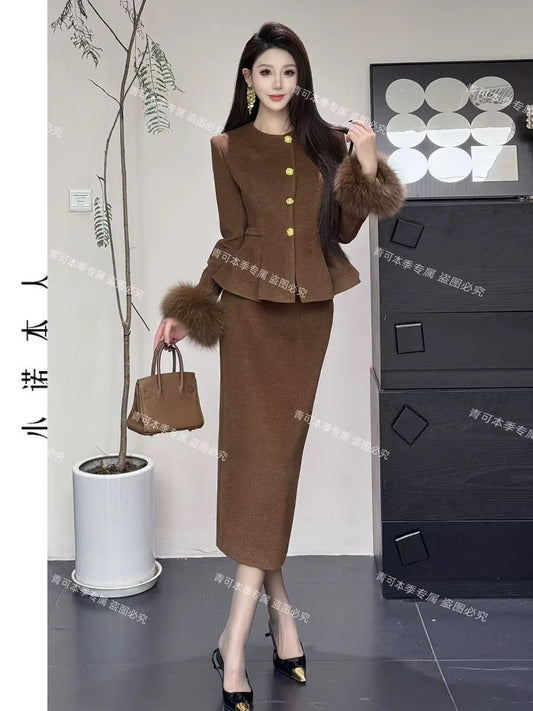 Xiaonuo's own light luxury woolen suit, winter gold-feeling down jacket, high waist, hip-covering long skirt, two-piece set 241044