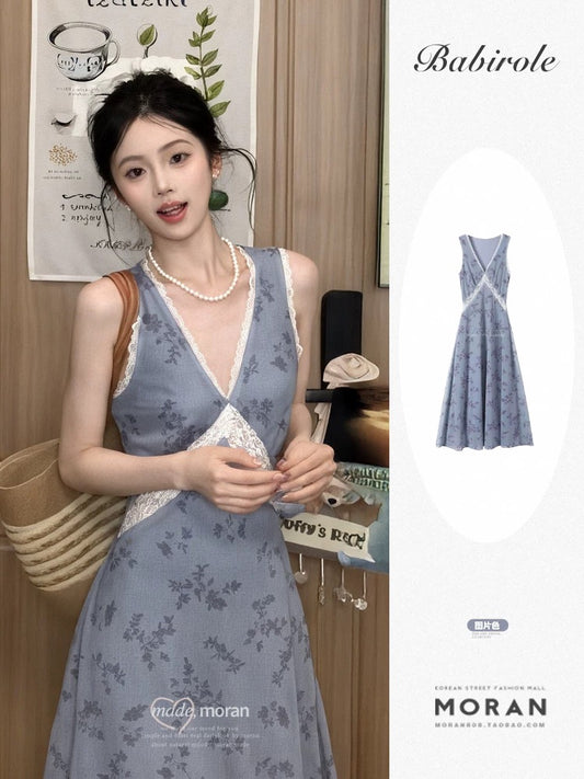 Summer beautiful super beautiful blue floral dress female sweet spicy V-neck slim sleeveless long skirt seaside vacation