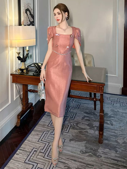 European station square collar temperament dress women's summer French high-end luxury big-name lady temperament slim skirt