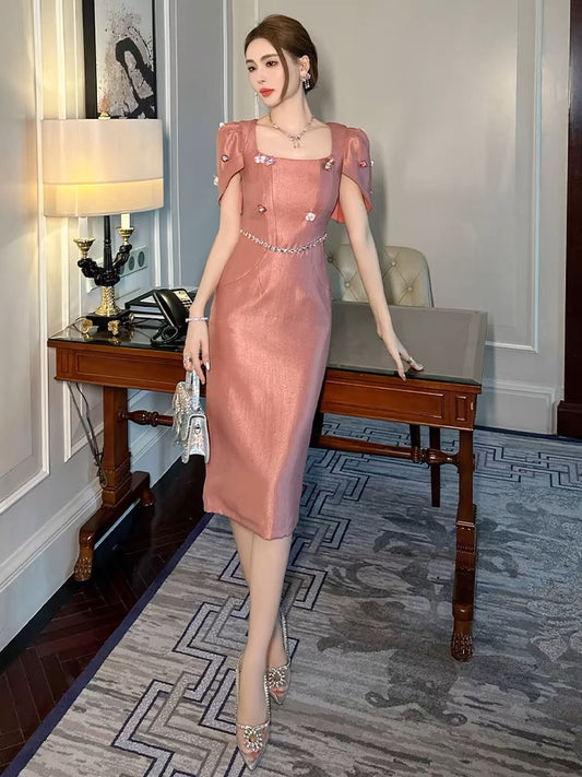 European station square collar temperament dress women's summer French high-end luxury big-name lady temperament slim skirt
