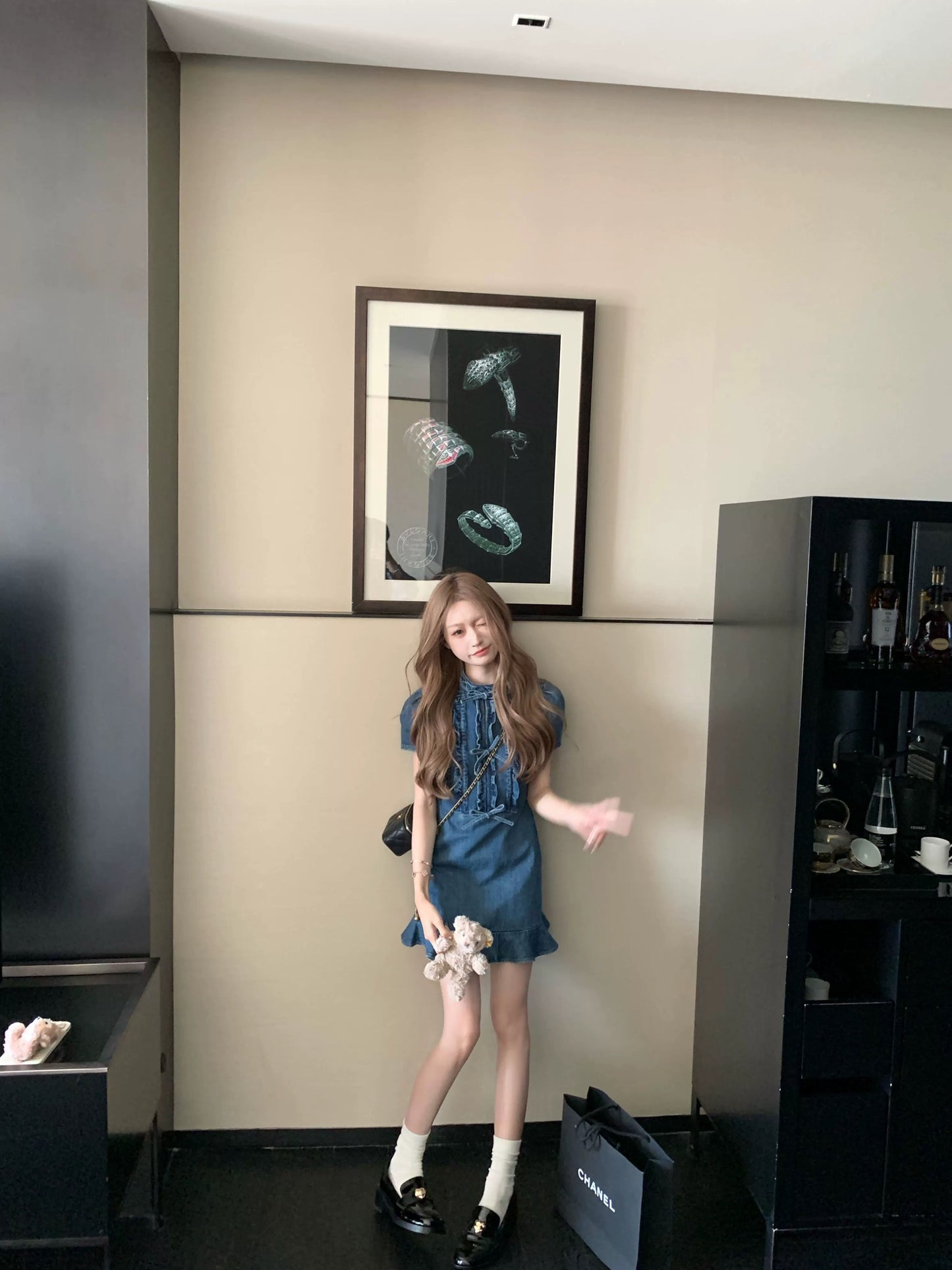 COOLLINE Lin Zixi strongly recommends! Slim miu denim skirt sweet bow dark blue dress for women