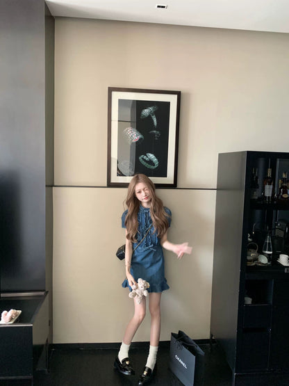 COOLLINE Lin Zixi strongly recommends! Slim miu denim skirt sweet bow dark blue dress for women