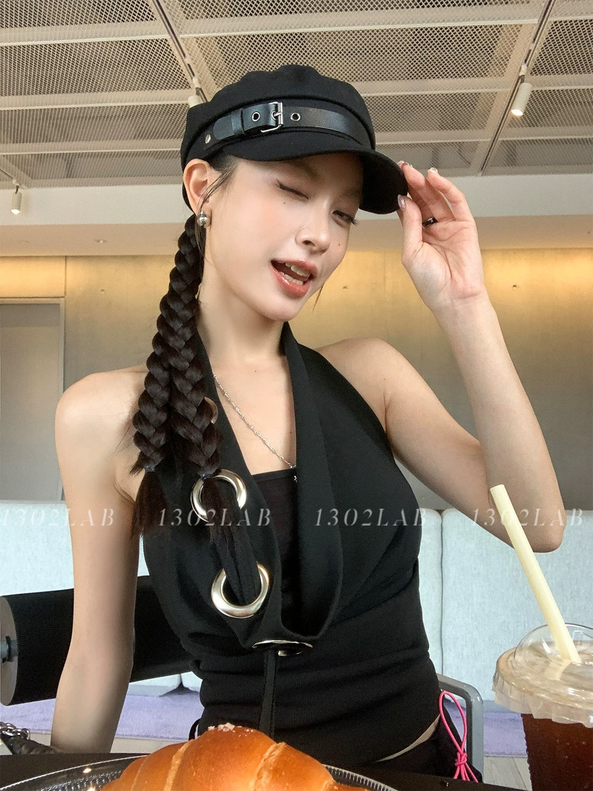 【baby doll】1302LAB American style hottie metal ring halter neck top swing neck camisole
