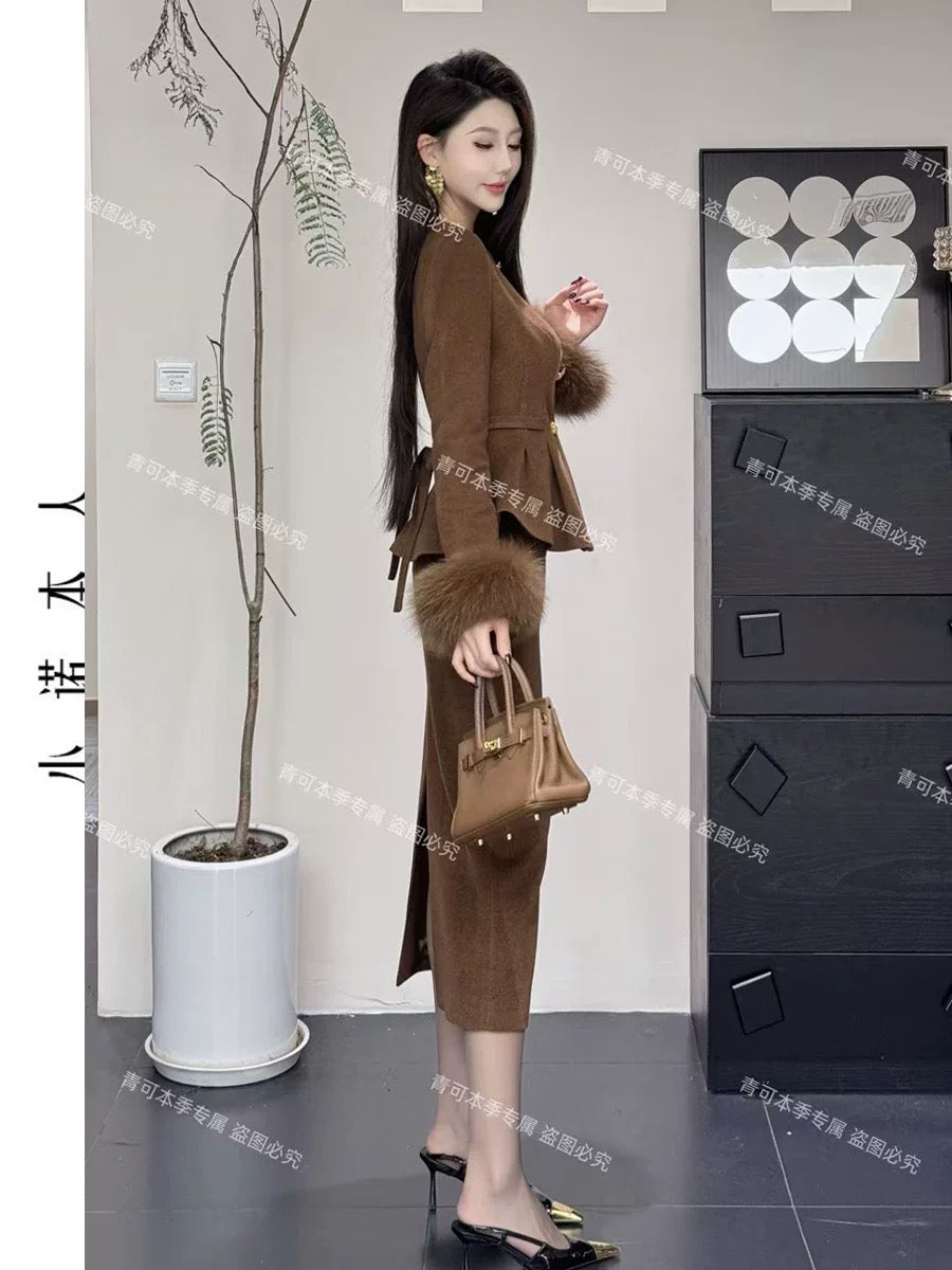 Xiaonuo's own light luxury woolen suit, winter gold-feeling down jacket, high waist, hip-covering long skirt, two-piece set 241044