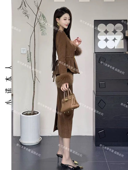 Xiaonuo's own light luxury woolen suit, winter gold-feeling down jacket, high waist, hip-covering long skirt, two-piece set 241044