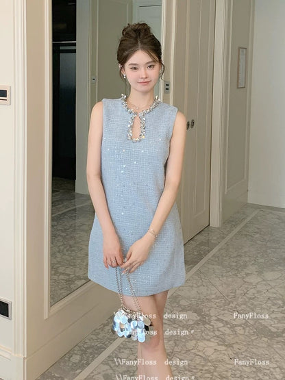 FanyFloss French-style round neck rhinestone sleeveless hollowed-out dress, elegant beaded birthday party dress for women.