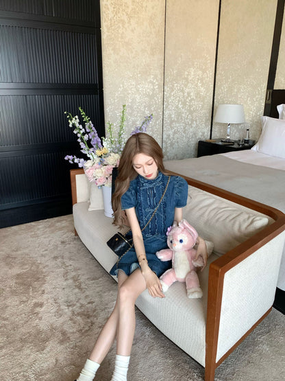 COOLLINE Lin Zixi strongly recommends! Slim miu denim skirt sweet bow dark blue dress for women