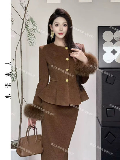 Xiaonuo's own light luxury woolen suit, winter gold-feeling down jacket, high waist, hip-covering long skirt, two-piece set 241044