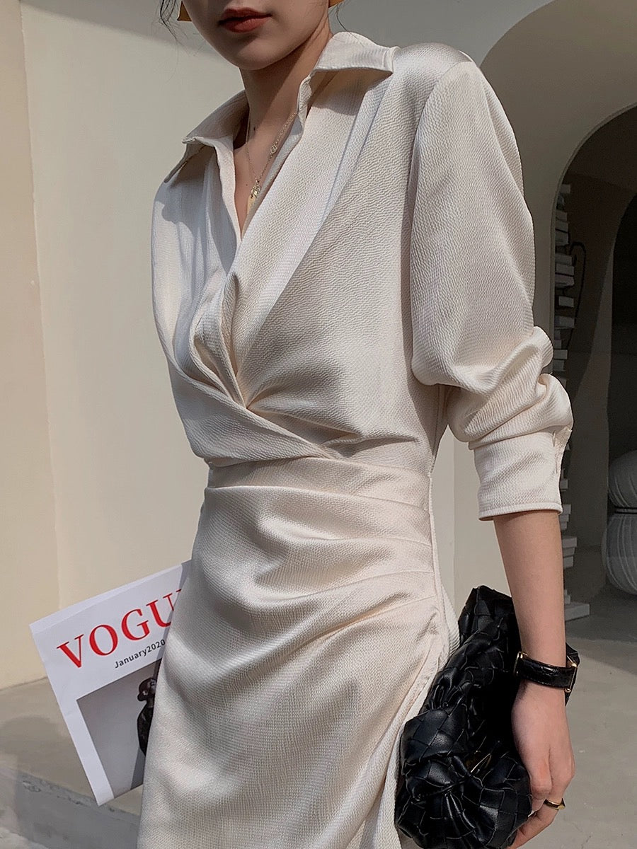 JWUNIQUE Champagne dress women's 2024 early spring long-sleeved temperament waist V-neck irregular shirt skirt