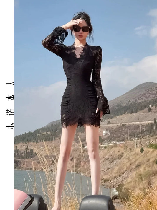 Xiaonuo's own lace dress, Korean style spliced hollow skirt, slim and slim, beautiful butt-covering skirt 20012