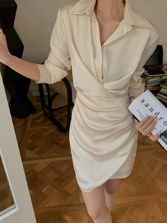 JWUNIQUE Champagne dress women's 2024 early spring long-sleeved temperament waist V-neck irregular shirt skirt