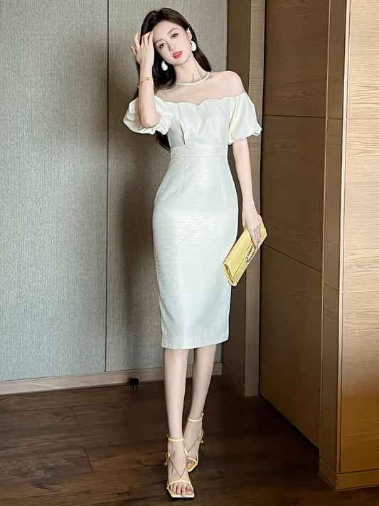 European website mesh splicing dress for women summer 2024 new heavy industry diamond puff sleeves slim hip skirt