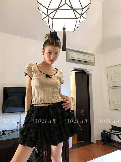 1302LAB [miu li miu qi] apricot black edge bow T-shirt women's knitted short slim top summer
