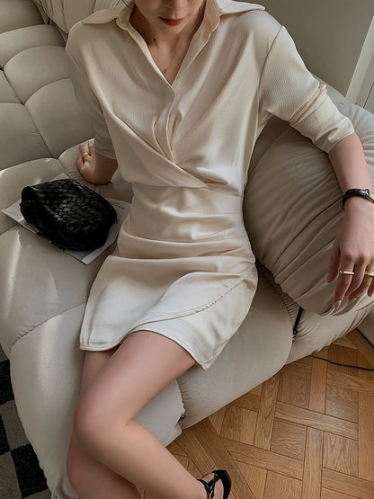 JWUNIQUE Champagne dress women's 2024 early spring long-sleeved temperament waist V-neck irregular shirt skirt