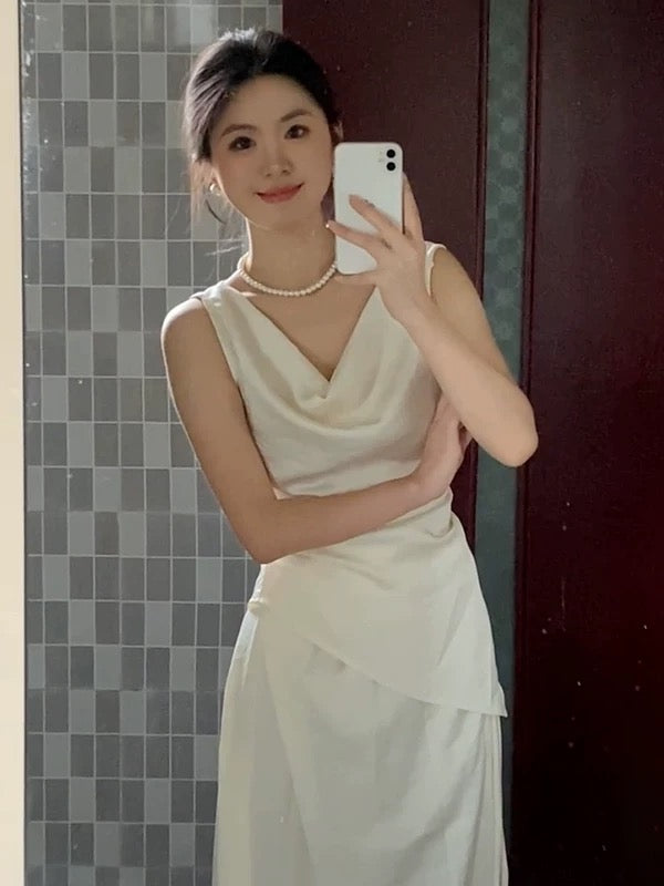 French style high-end sway collar sleeveless dress for women new summer style temperament waist slimming beautiful long skirt two-piece suit