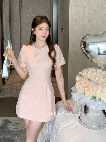 FanyFloss Chanel-inspired pink rhinestone-studded fitted waist dress, French style, slimming pearl-embellished elegant party dress.