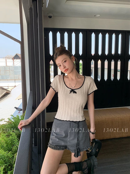 1302LAB [miu li miu qi] apricot black edge bow T-shirt women's knitted short slim top summer
