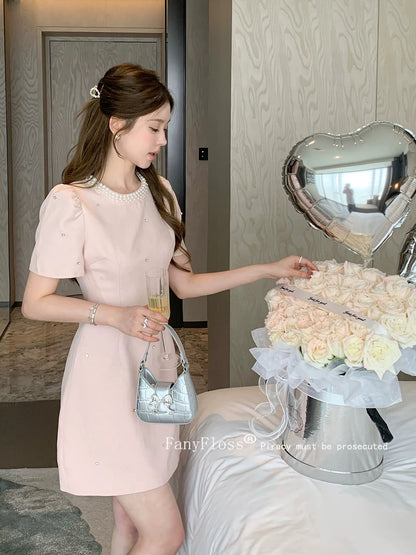 FanyFloss Chanel-inspired pink rhinestone-studded fitted waist dress, French style, slimming pearl-embellished elegant party dress.